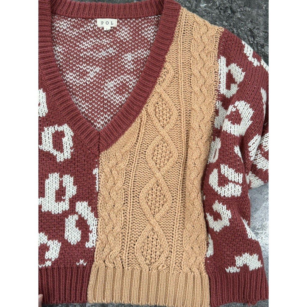 POL Leopard Cable Knit Deep V Neck Chunky Oversized Knit Sweeter Boxy Sz L - Picture 9 of 13